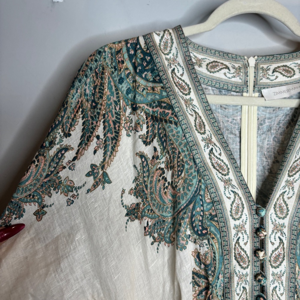 Zimmermann White Mini Dress with Teal and Beige Paisley Embroidery - Picture 12 of 16